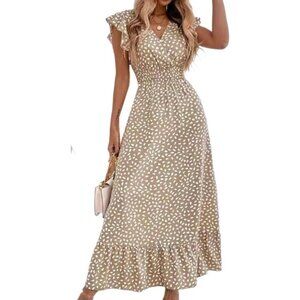 NEW Tan White Polka Dot Maxi Dress LARGE V-Neck Flutter Sleeve Ruffles Boho